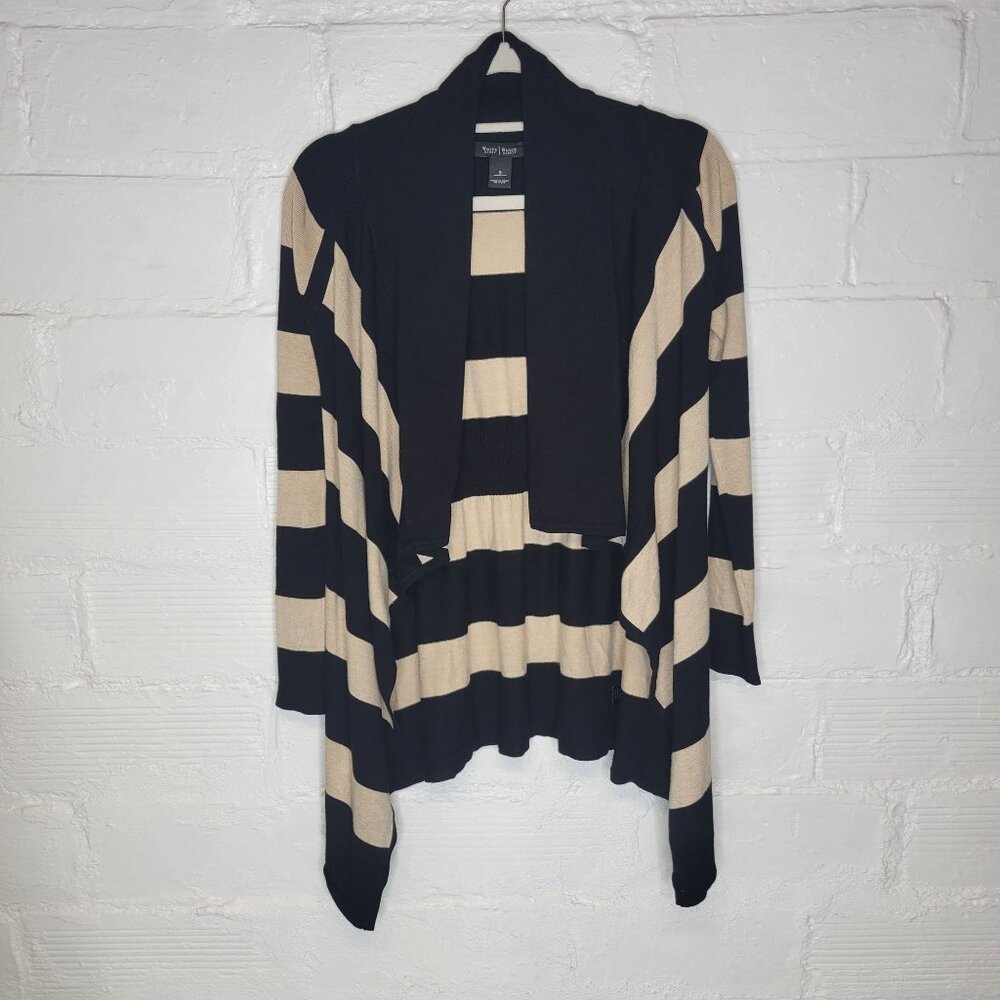 WHBM Women's Small Cardigan Sweater Tan Black Striped Open Front